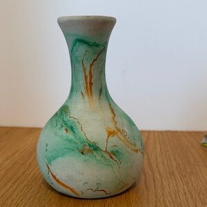 Nemadji Pottery Green and Orange Swirl Ceramic Vase
